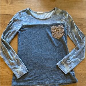 grey and camo Long Sleeve Top with Sequin Pocket